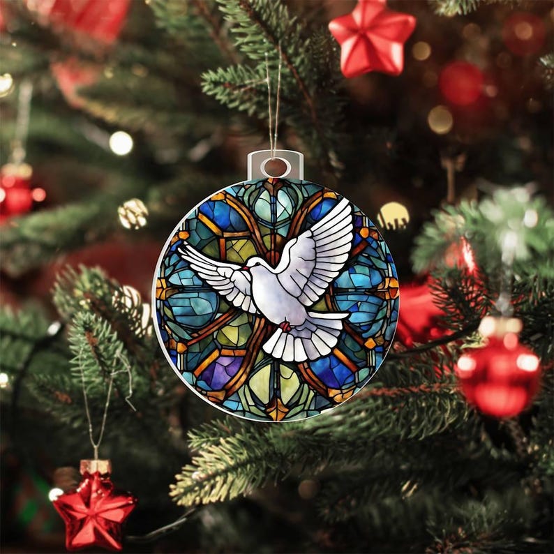 White Dove Christmas Ornament Peace on Earth Faux Stained Glass Dove ...