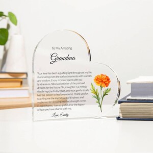Personalized Acrylic Heart Plaque: Birth Flower Grandma Keepsake