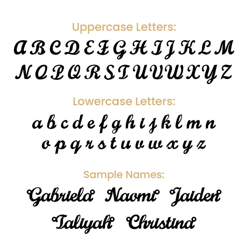 K&ouml;nnte beinhalten: Eine Grafik mit Gro&szlig;- und Kleinbuchstaben in einer kursiven Schriftart sowie Beispielnamen, die in der gleichen Schriftart geschrieben sind. Der Text lautet: "Gro&szlig;buchstaben: A B C D E F G H I J K L M N O P Q R S T U V W X Y Z Kleinbuchstaben: a b c d e f g h i j k l m n o p q r s t u v w x y z Beispielnamen: Gabriela Naomi Jaiden Taliyaft Christina"
