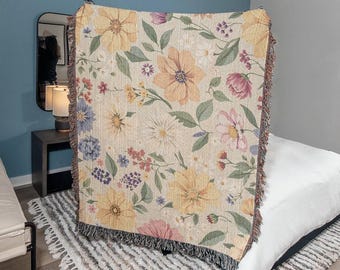 Floral Woven Throw Blanket: Cottagecore Cotton Tapestry