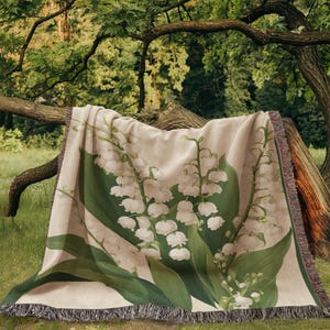 Mothers Day Gift, May Birth Flower Blanket Lily of the Valley, Woven Cotton Throw Blanket, Grandma Blanket, Floral Wall Tapestry image 2