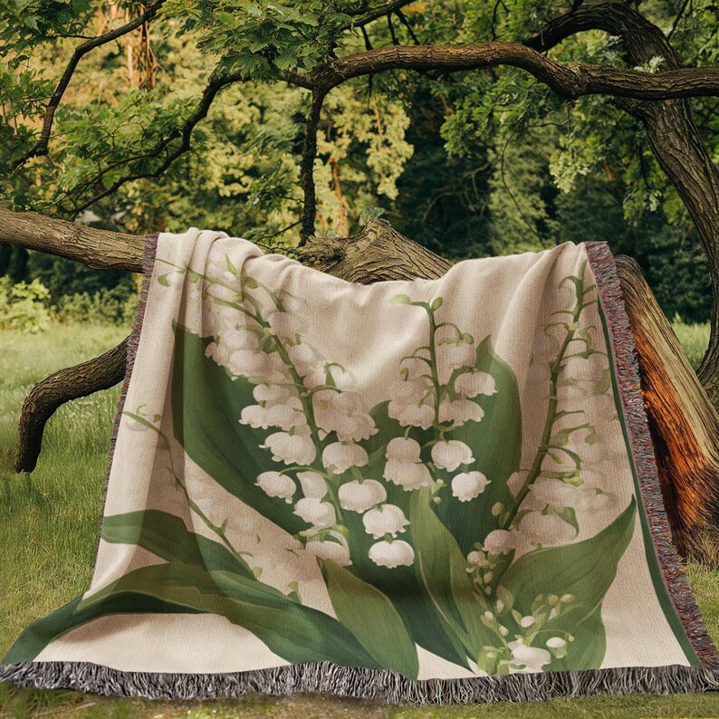Mothers Day Gift, May Birth Flower Blanket Lily of the Valley, Woven Cotton Throw Blanket, Grandma Blanket, Floral Wall Tapestry image 2
