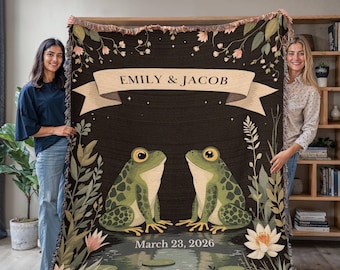 Frog Couple Tapestry, Personalized Anniversary Gift Custom Name Tapestry Woodland Blanket Woven, Cottagecore Wedding Gift For Couple Gift
