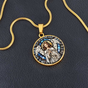 Angel Necklace, Guardian angel necklace, Angel Jewelry, Angel pendant, Faux Stained Glass, Cherubim Necklace, Protection Necklace, Round