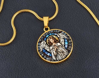 Angel Necklace, Guardian angel necklace, Angel Jewelry, Angel pendant, Faux Stained Glass, Cherubim Necklace, Protection Necklace, Round