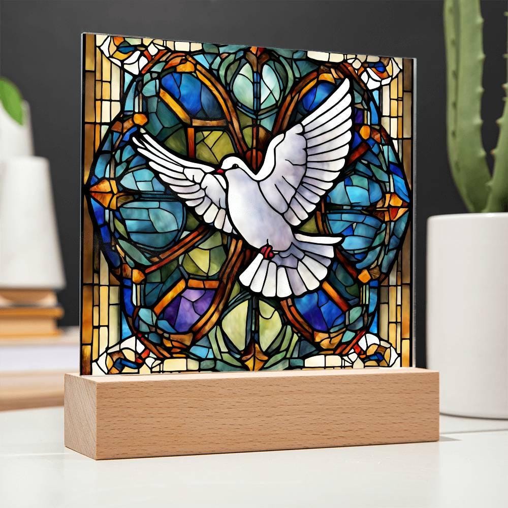Holy Spirit Dove Faux Stained Glass Religious LED Plaque Home Decor ...