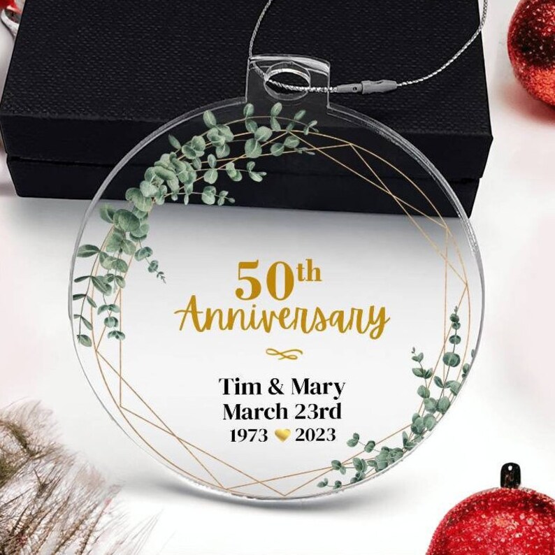 Golden 50th Anniversary, Couple Wedding Anniversary Ornament, Personalized with Names, Dates Years, Anniversary Gift Couple, Round acrylic