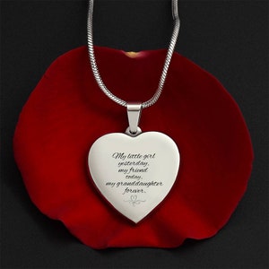 May include: A silver heart-shaped pendant necklace with a snake chain. The pendant has the inscription "My little girl yesterday, my friend today, my granddaughter forever." The necklace rests on a red rose petal against a black background.
