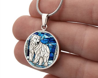 Polar Bear Necklace or Bangle Bracelet, Engraved Charm, Gift for Polar Bear Lover, Faux Stained Glass Artic Bear Pendant, Winter Bear Charm