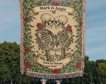 Personalized Skeleton Couples Woven Blanket, Gothic Wedding Blanket, Anniversary Gift for Goth Couple, Halloween Blanket, Sofa Throw Decor