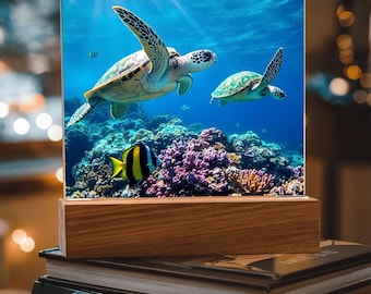 Sea Turtle Ocean Night Light, Bedside Lamp, LED Nightlight, Ocean Art, Beach House, Coastal Decor, Girls Room Decor, Turtle Lover Gifts