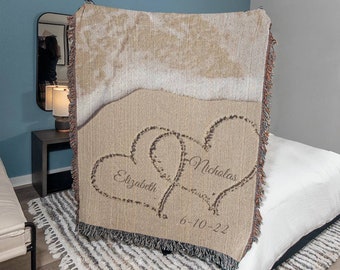 Names in Sand Custom Wedding Anniversary Keepsake Blanket, Valentines Gift for Wife