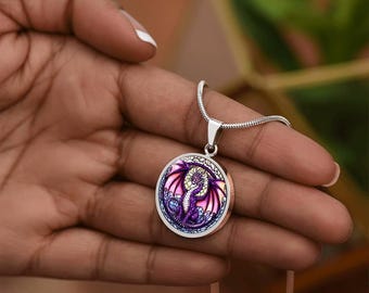Engraved Dragon Necklace, Dragon Charm, Dragon Pendant, Dragon Jewelry, Purple-Winged Dragon necklace,  dragon wing pendant fantasy