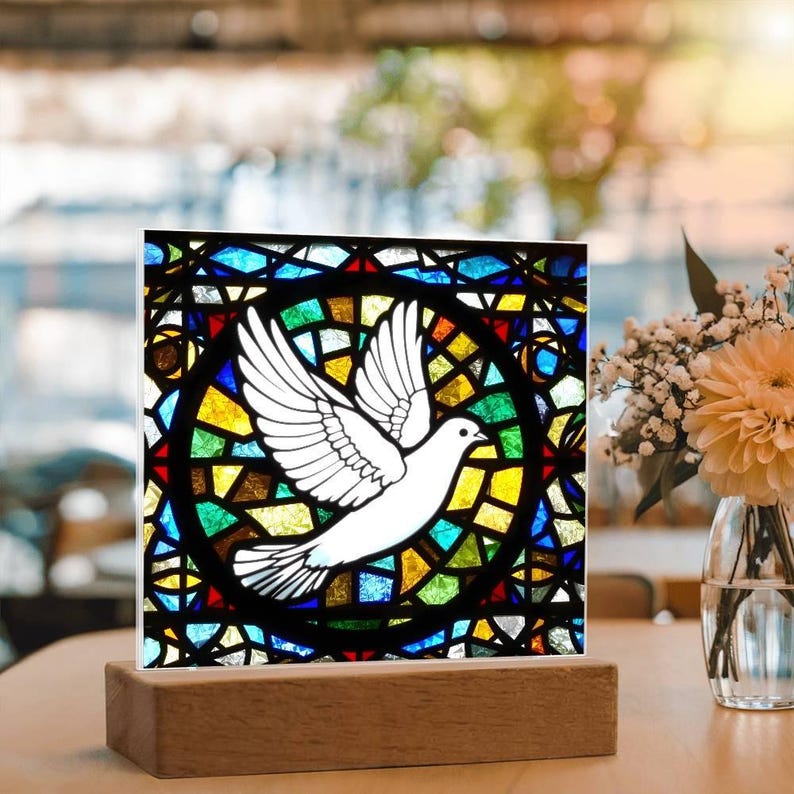 Holy Spirit Dove Faux Stained Glass LED Plaque: Christian Home Decor ...