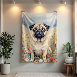 Pug Woven Blanket, Pug Tapestry, Pugs Throw, Dog Owner Gifts, Pug Lover, Dog Wildflower Floral Woven Blanket, Cozy Home Decor, Housewarming