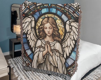Angel blanket, woven cotton throw blanket, Guardian angel gift, Angel themed decor, Memorial blanket, Christmas Angel Decor, Wall Hanging