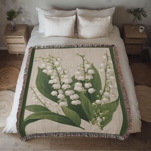 Mothers Day Gift, May Birth Flower Blanket Lily of the Valley, Woven Cotton Throw Blanket, Grandma Blanket, Floral Wall Tapestry image 7
