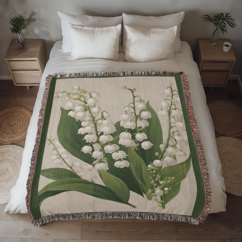 Mothers Day Gift, May Birth Flower Blanket Lily of the Valley, Woven Cotton Throw Blanket, Grandma Blanket, Floral Wall Tapestry image 7