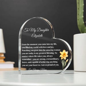 Personalized Acrylic Heart Plaque - Birth Flower Gift for Daughter