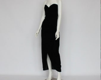 80's Vintage Black Velvet Strapless Victor Costa Gown (XS)