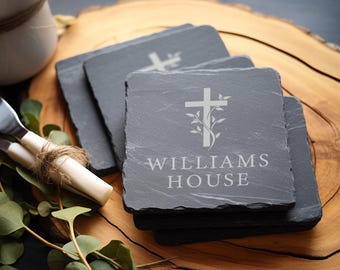 Engraved Slate Coaster Set: Cross & Vine, Personalized Christian Decor