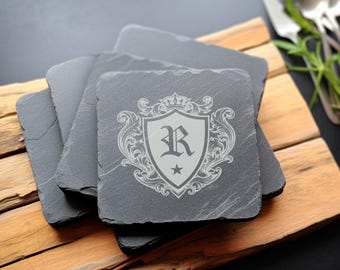 Engraved Slate Coaster Set: Rustic Royal Shield Decor