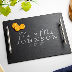 Engraved Stone Slate Serving Tray with Handles - Personalized Charcuterie Board