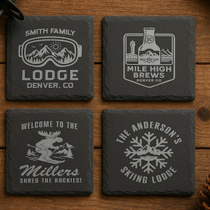 Denver Colorado Ski Lodge Slate Coaster Set – Personalized Cabin Decor, Mile High Beer, Snowflake & Skiing Moose Gift