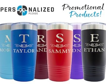 May include: Six personalized stainless steel tumblers with different colors and names. The tumblers are all the same size and shape, and they have a silver lid. The names on the tumblers are "MOR", "TAYLOR", "RAND", "SAMMY", "DN", and "ETHAN".