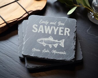 Trout Slate Coaster Set: Engraved Fishing Decor