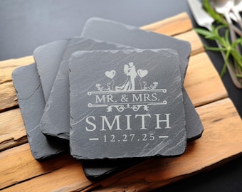 Custom Engraved Slate Wedding Coaster Set of 4