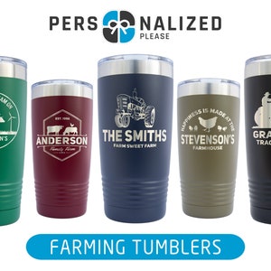 May include: Five different stainless steel tumblers with various farming-themed designs. The tumblers are green, burgundy, blue, olive green, and black. The designs include a tractor, chickens, cows, and pigs. The text on the tumblers includes "Living the Dream On", "The Johnson's Farms", "Est. 1990", "Anderson Family Farm", "The Smiths Farm Sweet Farm", "Happiness is Made at the Stevenson's Farmhouse", and "Grandpa's Tractor Rides".
