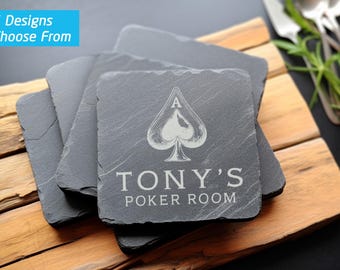 Personalized Slate Casino Coasters: Custom Card Room Decor, Set of 4