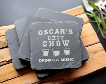 Engraved Slate Coaster Set: Funny Bar Decor, Rustic Coasters