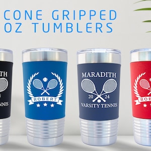 Personalized Tennis Tumbler: 20 oz Engraved Stainless Steel with Silicone Grip