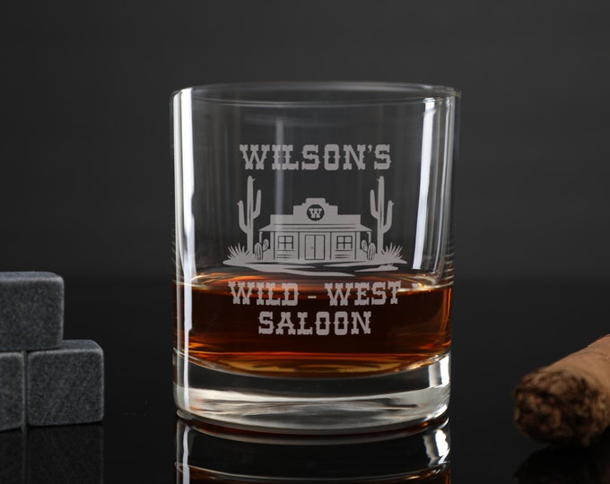 Vintage Western Saloon Whiskey Glass: Hand-etched Cowboy Design - Rustic Barware Decor