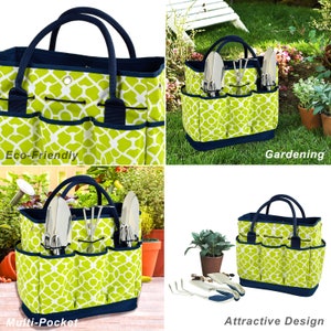 Gardening Tote with 3 Stainless Steel Tools Engagement Gift Bridal Shower Wedding Graduation, Housewarming, Realtor Closing Gift Trellis Green Color