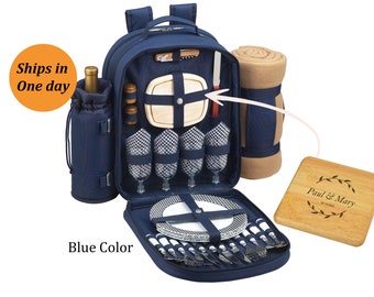 Personalized Picnic Backpack Equipped for 4 with Blanket - Great for Wedding Gifts, Housewarmings Graduation, & Client Appreciation