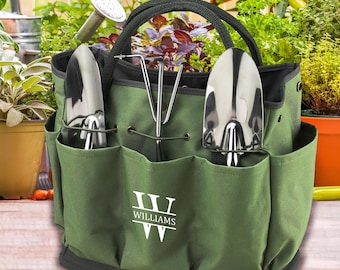 Personalized Gardening Tote with 3 Stainless Tools. Unique Wedding Gift, Showers, Housewarming, Anniversary, Graduations, Birthdays, Clients