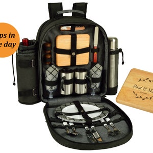 Picnic Coffee Backpack for 2 with Cooler & Personalized Cheese Board, Insulated Wine Holder. Wedding Gift, Groomsman, Holiday Gift