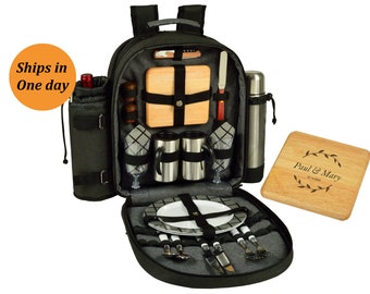 Picnic Coffee Backpack for 2 with Cooler & Personalized Cheese Board, Insulated Wine Holder. Wedding Gift, Groomsman, Holiday Gift