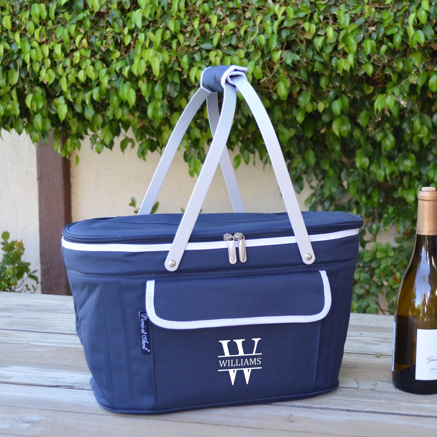 Unique Personalized Insulated Picnic Basket. Patented Folding Design Saves Storage Space. Weddings, Housewarming, Graduations, Birthdays