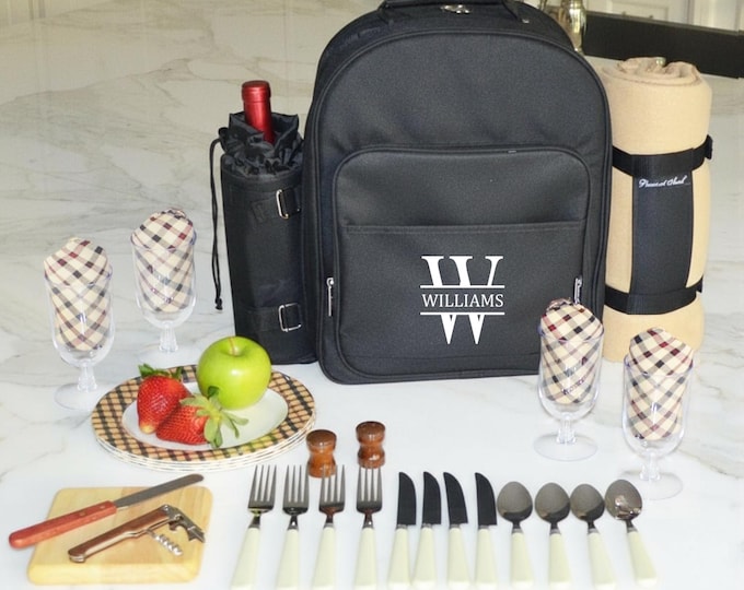 Unique Personalized Insulated Picnic Backpack Equipped for Four with Blanket. Wedding Gift, Showers,  Anniversary, Mother's Day, Birthdays
