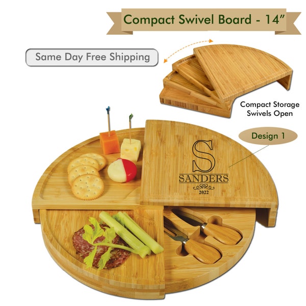 Swivel Cheese Board & Knife Set. Space Saving Design converts to a 14" Multi-Level Charcuterie Board. US Patent