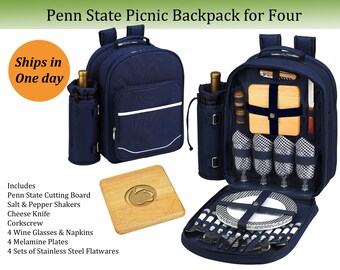 Penn State Nittany Lions Picnic Backpack Set for Four with Engraved Board. Alumni Fans, Graduation, Tailgating, Entertaining, Birthdays