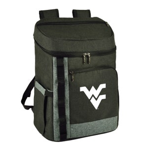 May include: A dark gray and black insulated backpack with a white logo of a stylized "W" on the front. The backpack has a zippered pocket on the front and a large main compartment.