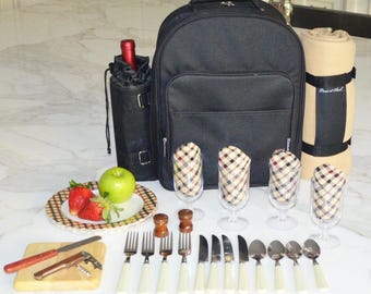 Unique Personalized Insulated Picnic Backpack Equipped for Four with Blanket. Wedding Gift, Showers,  Anniversary, Mother's Day, Birthdays