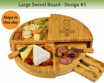 Personalized Swiveling Engraved Bamboo Charcuterie Cheese Board Custom Wedding, Housewarming, Collegiate, Corporate Couples Holiday Gifts