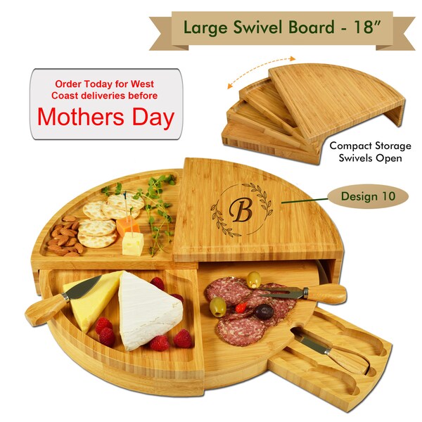 Personalized Cheese Boards with Knife Sets. Space Saving Designs Converting to Swiveling Multi-Level Charcuterie Boards