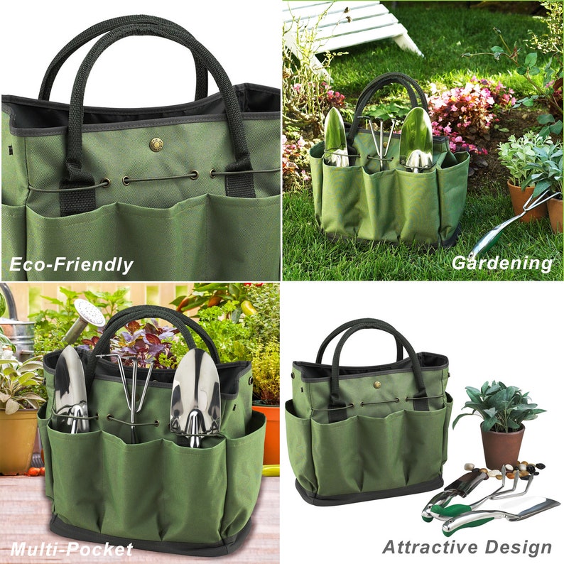 Gardening Tote with 3 Stainless Steel Tools Engagement Gift Bridal Shower Wedding Graduation, Housewarming, Realtor Closing Gift Forest Green Color